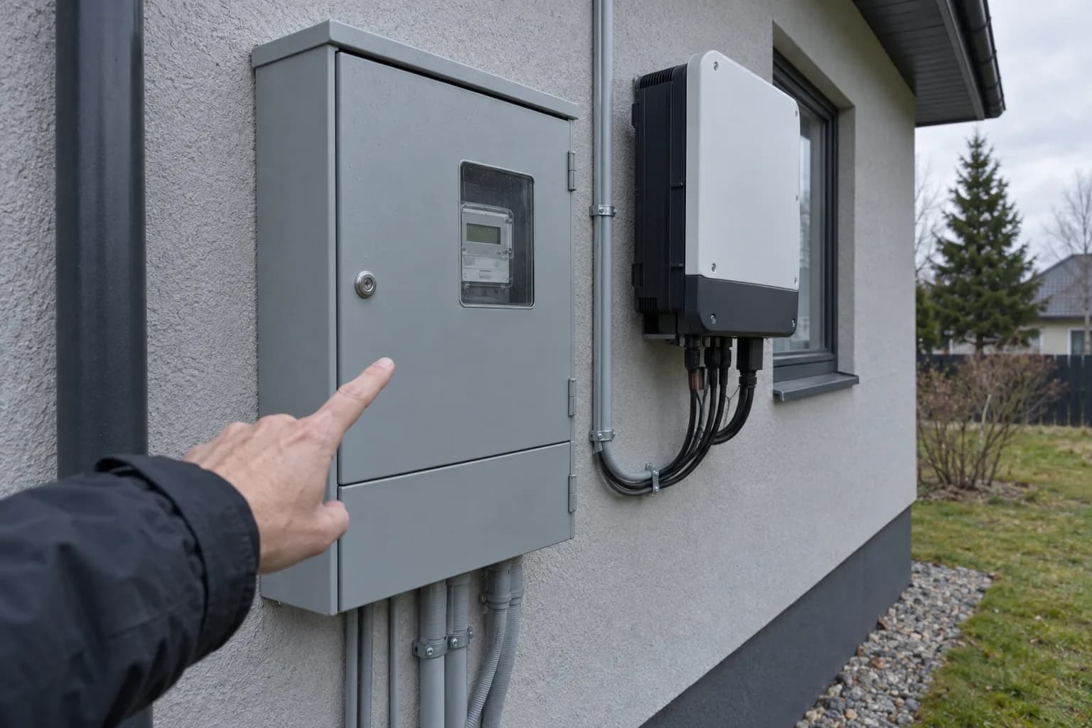 Käsi osutab maja välisseinal olevale elektriarvesti kapile, kõrval on päikesepaneelide inverter