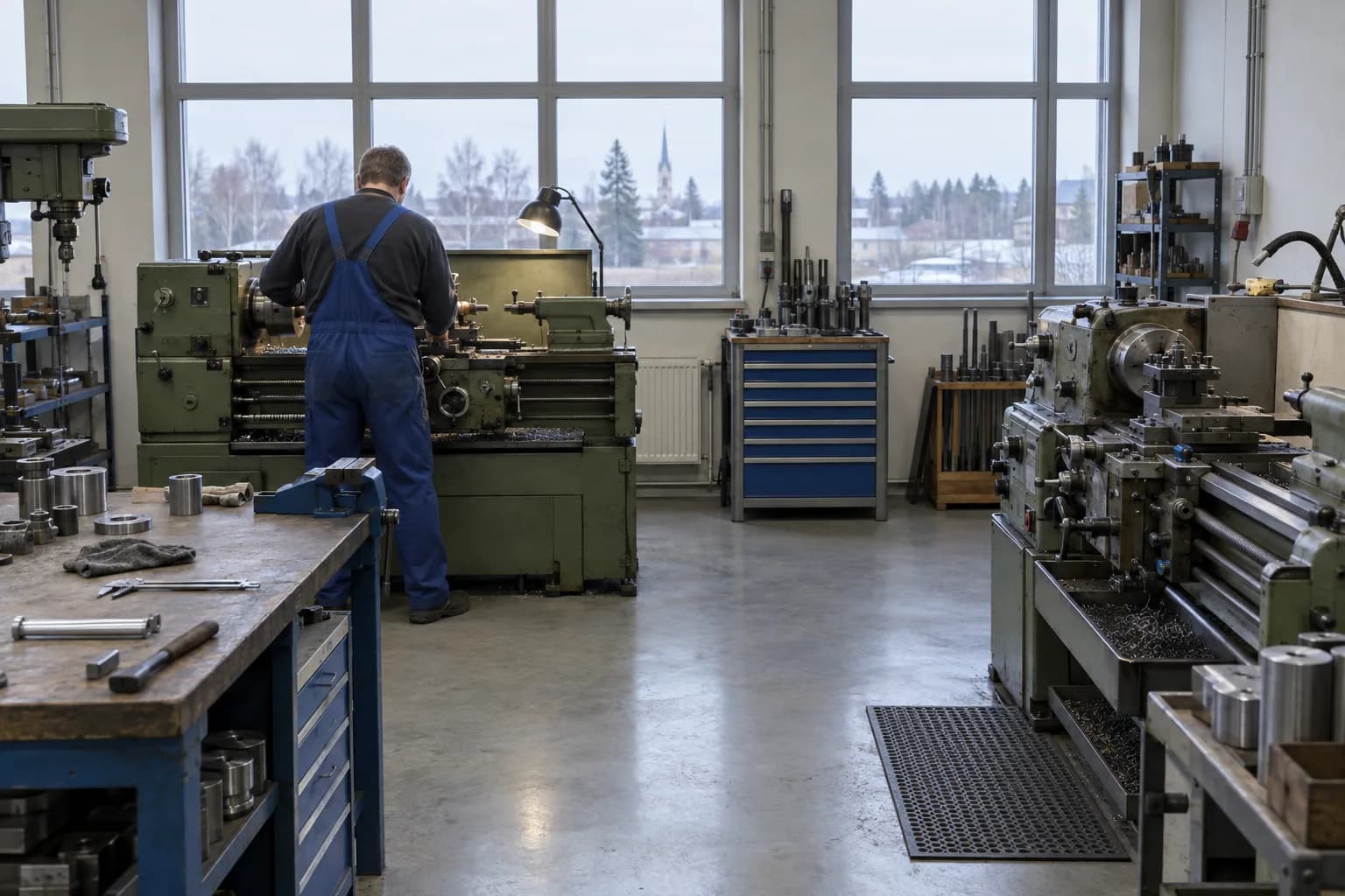 Metallitöökoda treipinkidega, töötaja seisab masina juures seljaga