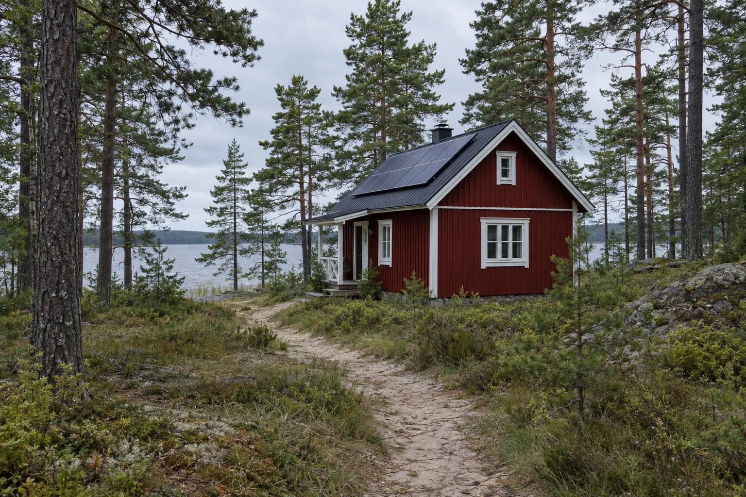 Punaseks värvitud puidust suvila männimetsas, katusel mõned päikesepaneelid