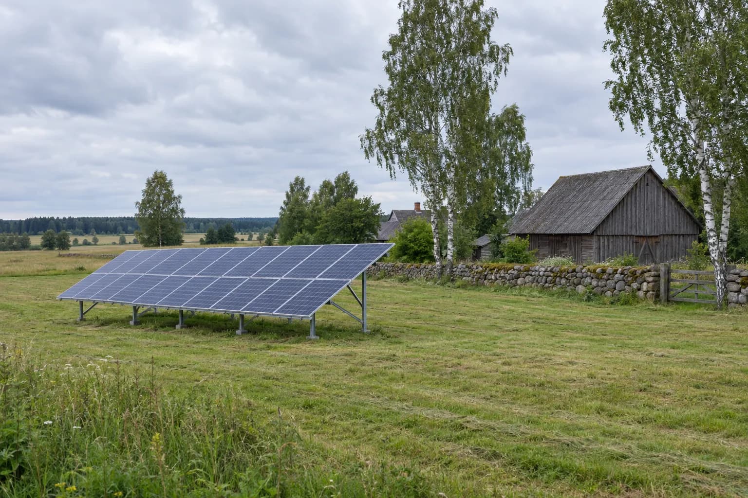 Metallraamile paigaldatud päikesepaneelid niidetud heinamaal talu kõrval